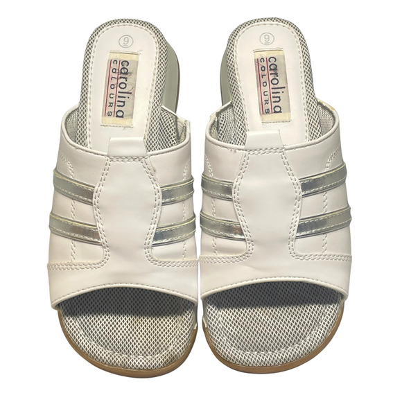 Vtg Y2K Carolina Colours Sz 9 Platform Slides Chunky Sandals White Silver Stripe - Picture 2 of 8